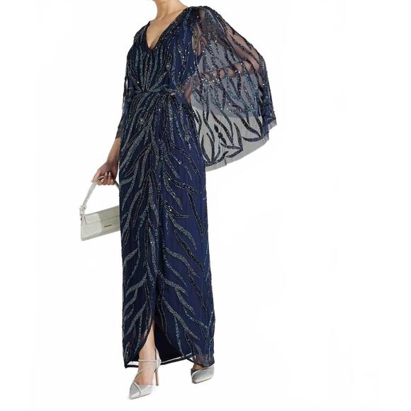 Aidan Mattox Twilight Navy Long Sleeve Black Beaded Gown